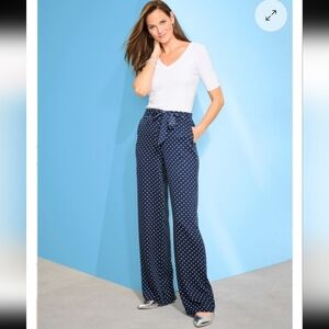 Talbots Elastic Waist Tie Front Navy Polka Dot Palazzo Pants Size Med